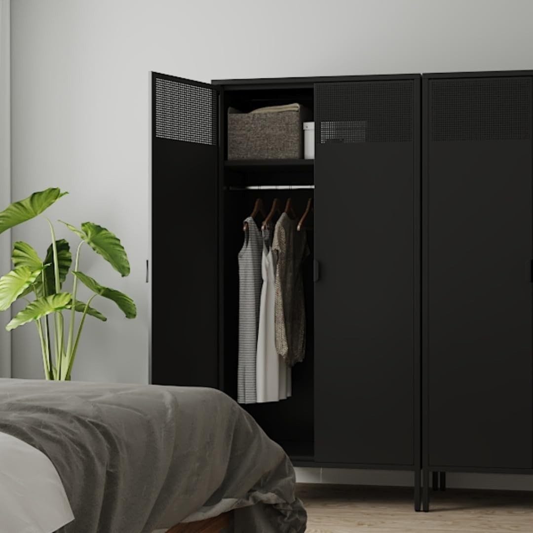 71″ Black Metal Wardrobe Closet Furniture With 2 Adjustable Shelves,Hanging Rod