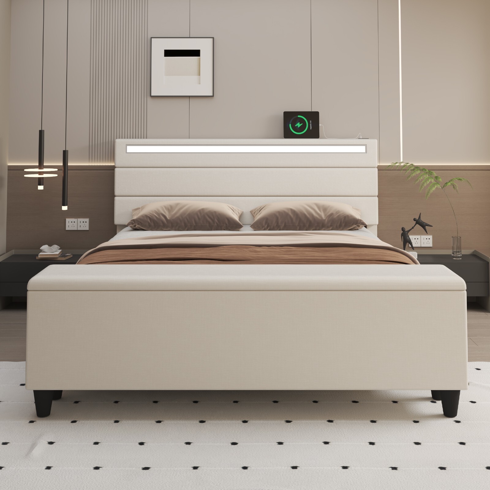 Queen/Full Bed Frame with Storage/Upholstered Headboard with Charging Station