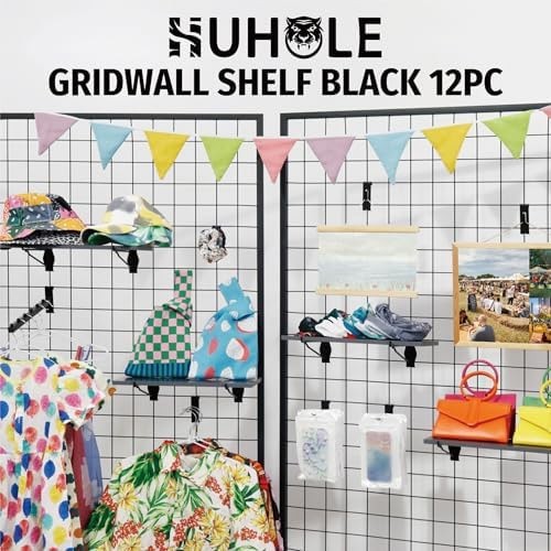 HUHOLE 4 Pack Gridwall Shelves 16 x 8 Inch Wooden Grid Wall Shelf with Metal …