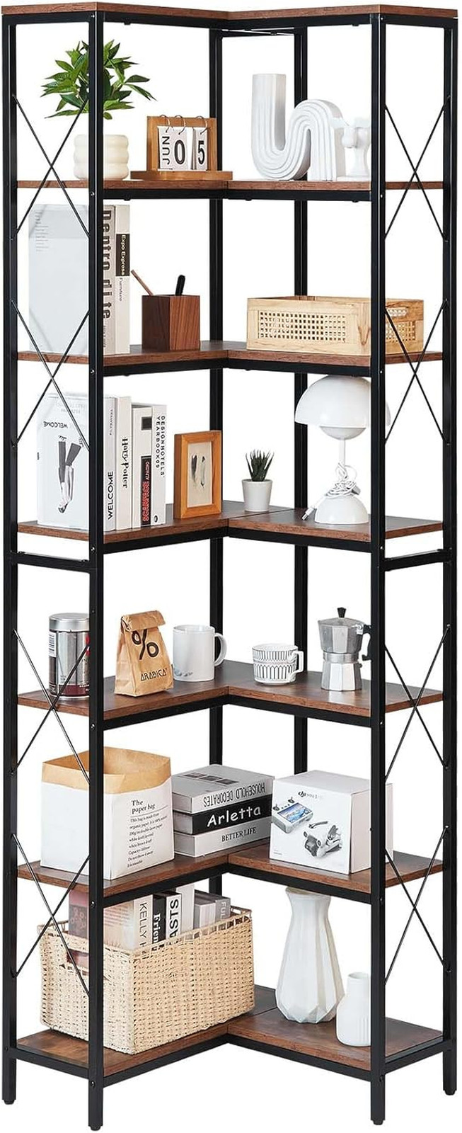 7-Tier L-Shaped Corner Bookshelf with Metal Frame & Wooden Shelves