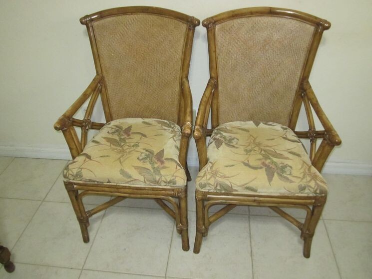 Tommy Bahama Style Arm Chair Bamboo Rattan Upholstered Seat Set of 2