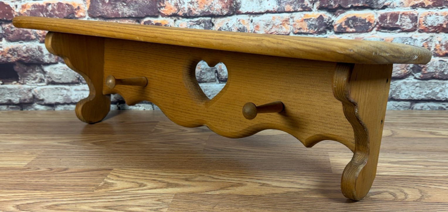 Vintage Wooden Wall 2 Peg Shelf w/ Heart Cutout Design – 24”x7”x7” – Farm House