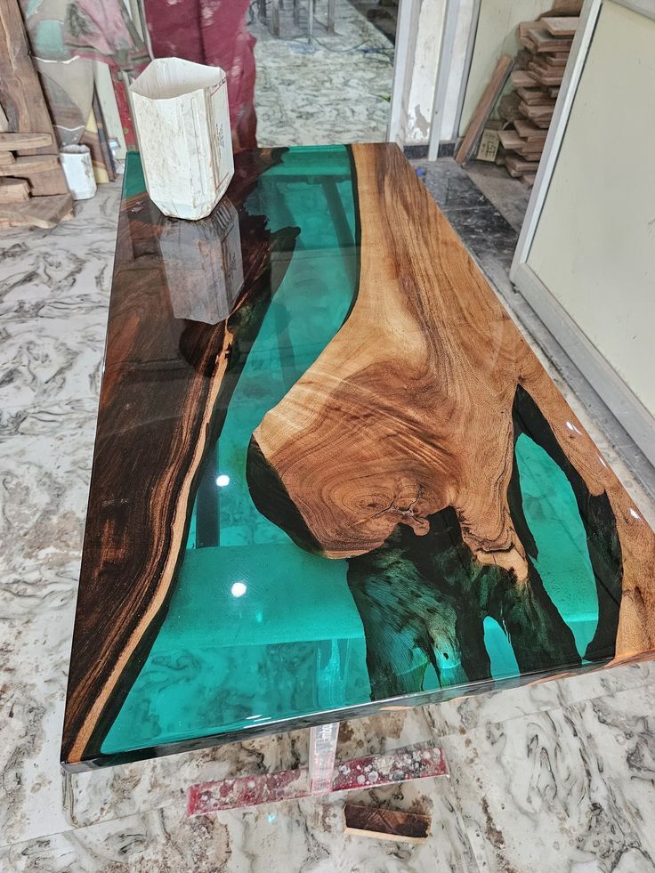 Green Clear Epoxy Dining Table Top, Live Edge Wooden Table Top, Furniture Decor