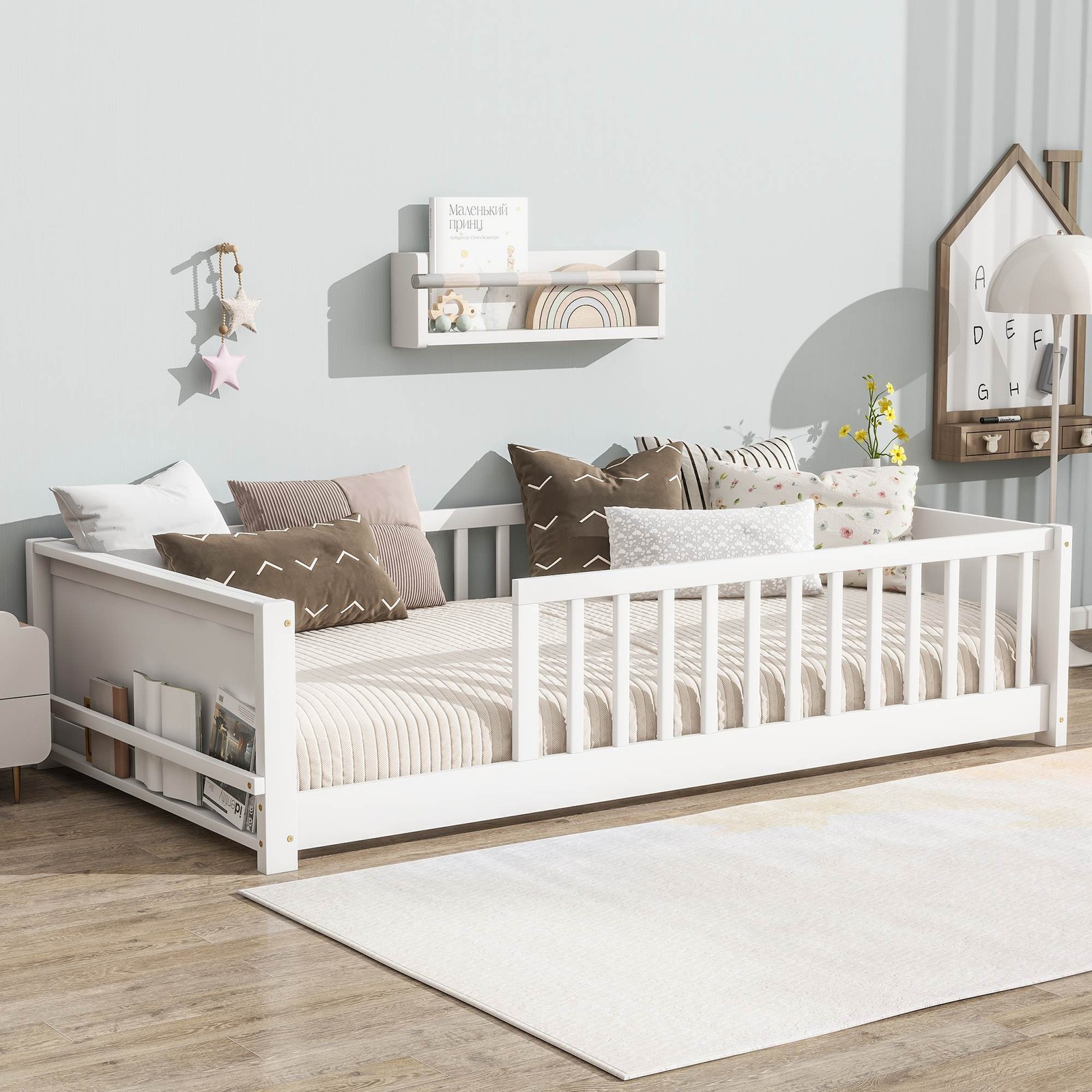 Twin Size Floor Bed for Kids Wood Montessori Bed Frame with Fence & Book Rack
