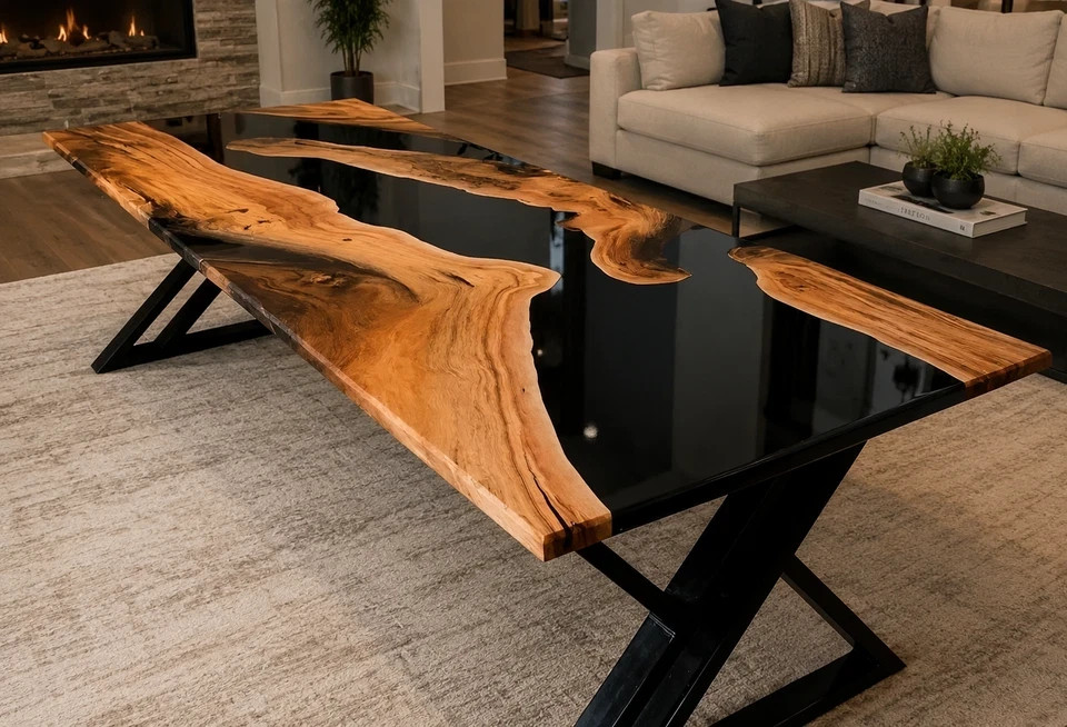 Blue Epoxy River Dining Table Top Live Edge Wood Handmade Unique Slab