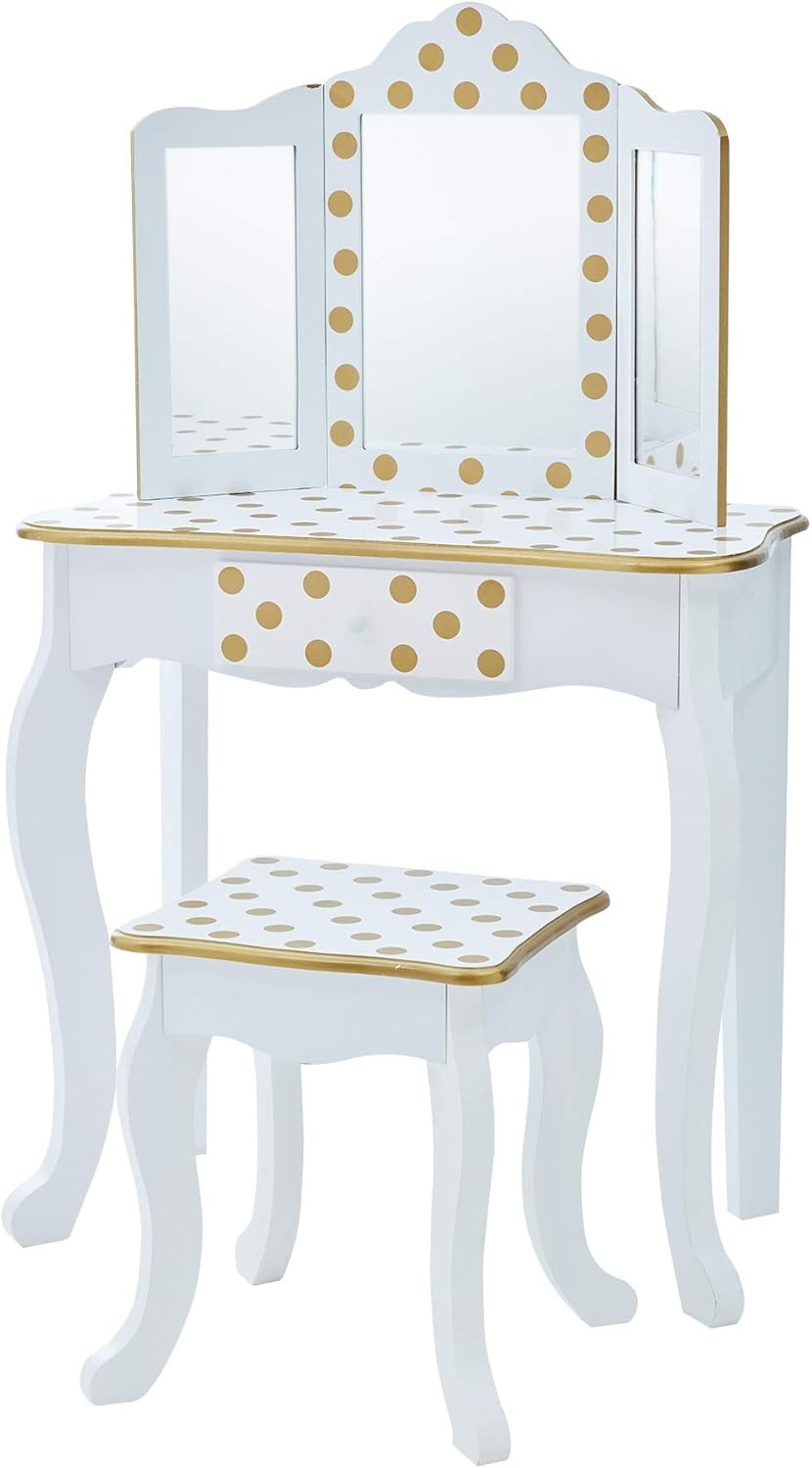 Princess Gisele Polka Dot Print 2-Piece Kids Wooden Play Vanity Set W/ Vanity