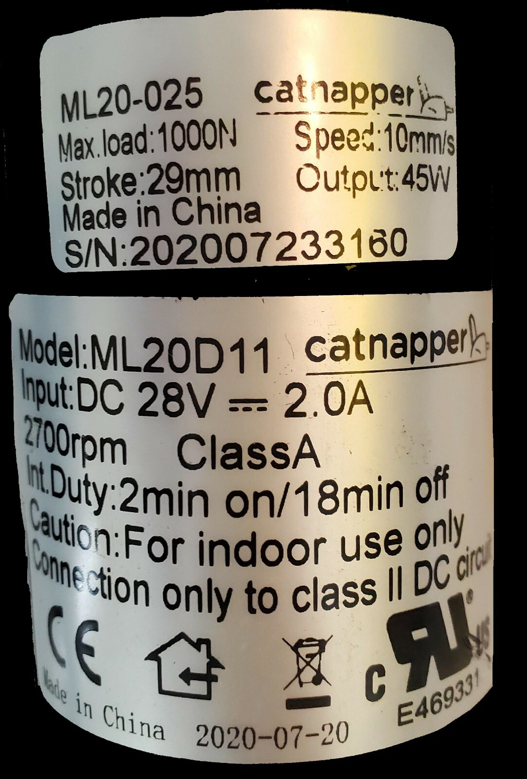 Mulin Electric Motor Actuator – ML20-025 – Catnapper – Power Recliner Motor