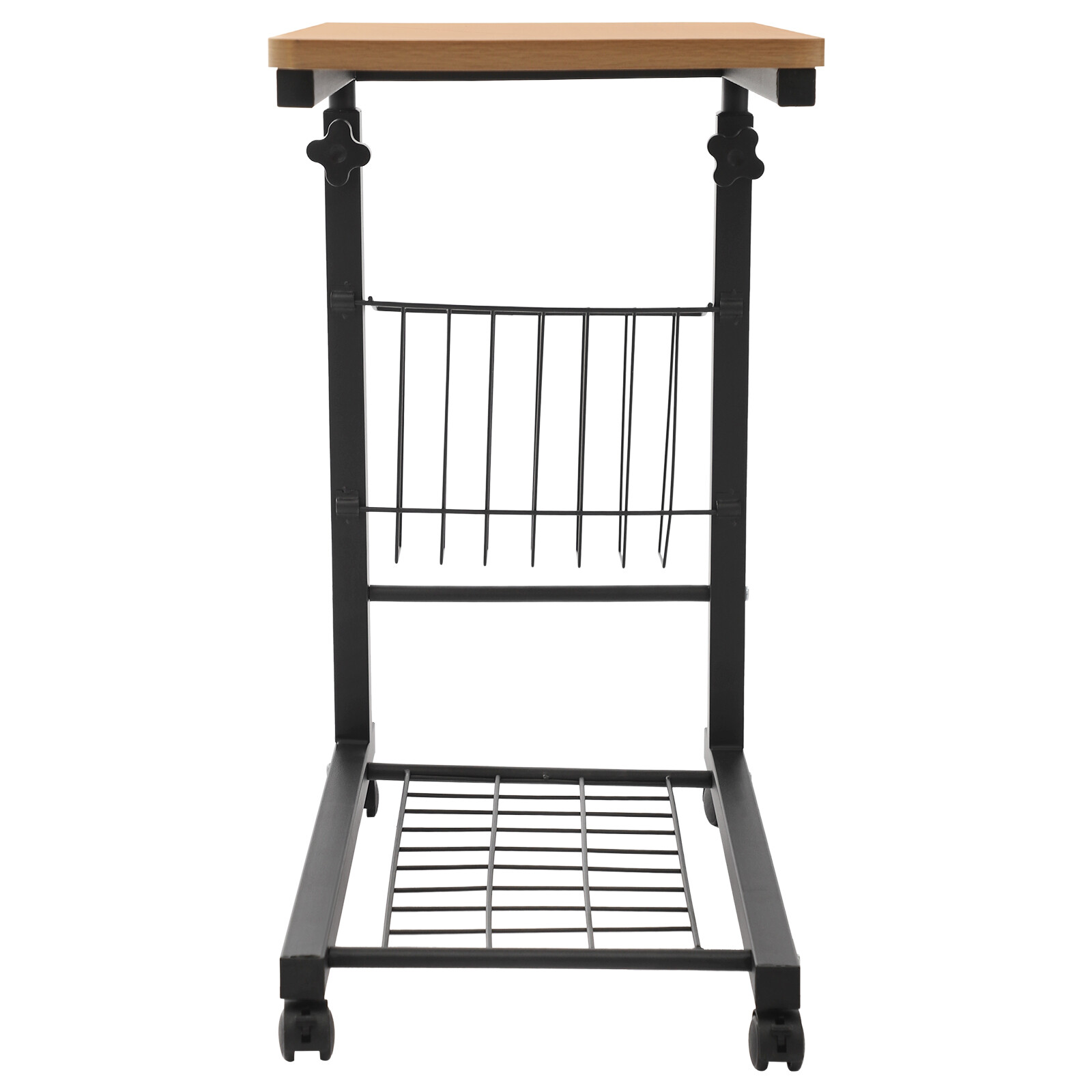 2 Tiers Adjustable Bed Side Table Teak Color Mobile Standalone Table w/ Wheels
