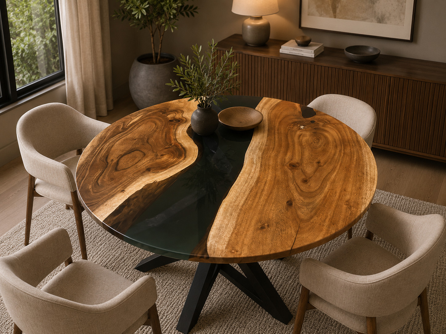 Round Epoxy Wood Table, Black River Table, Custom Epoxy Resin Dining Table Top