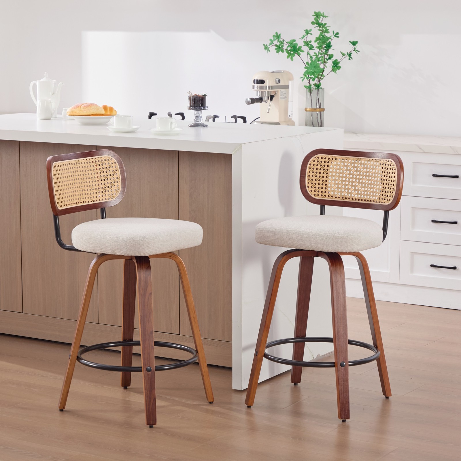 2 Set Swivel Bar Stools LInen Fabric 26″ Height Barstools Rattan Back Wood Legs