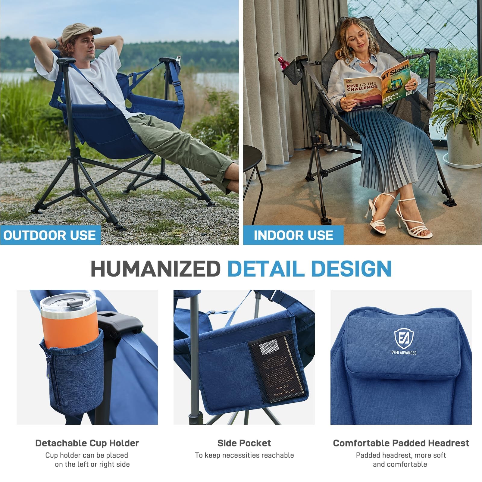 EVER ADVANCED Padded Hammock Camping Chair, 31in x 20in x 51in, Blue