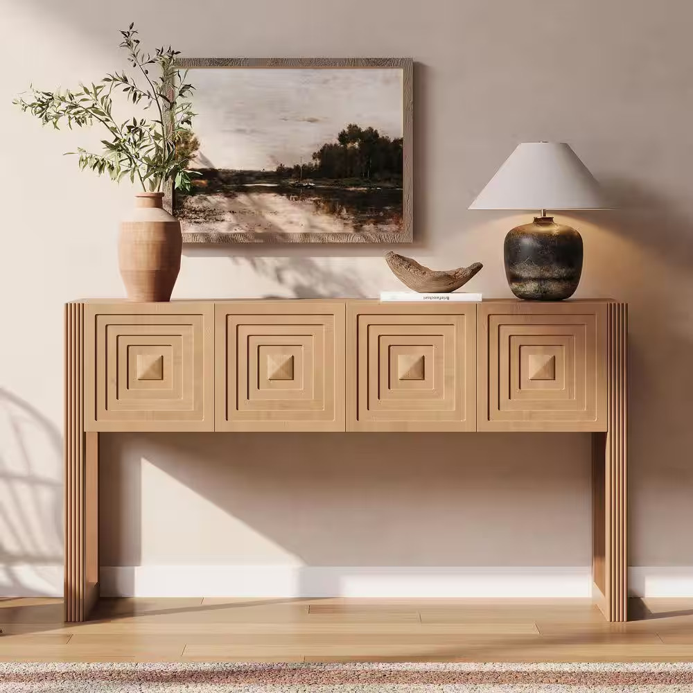 Geometric Carved 54.9 In. Light Brown Standard Rectangle Wood Console Table with