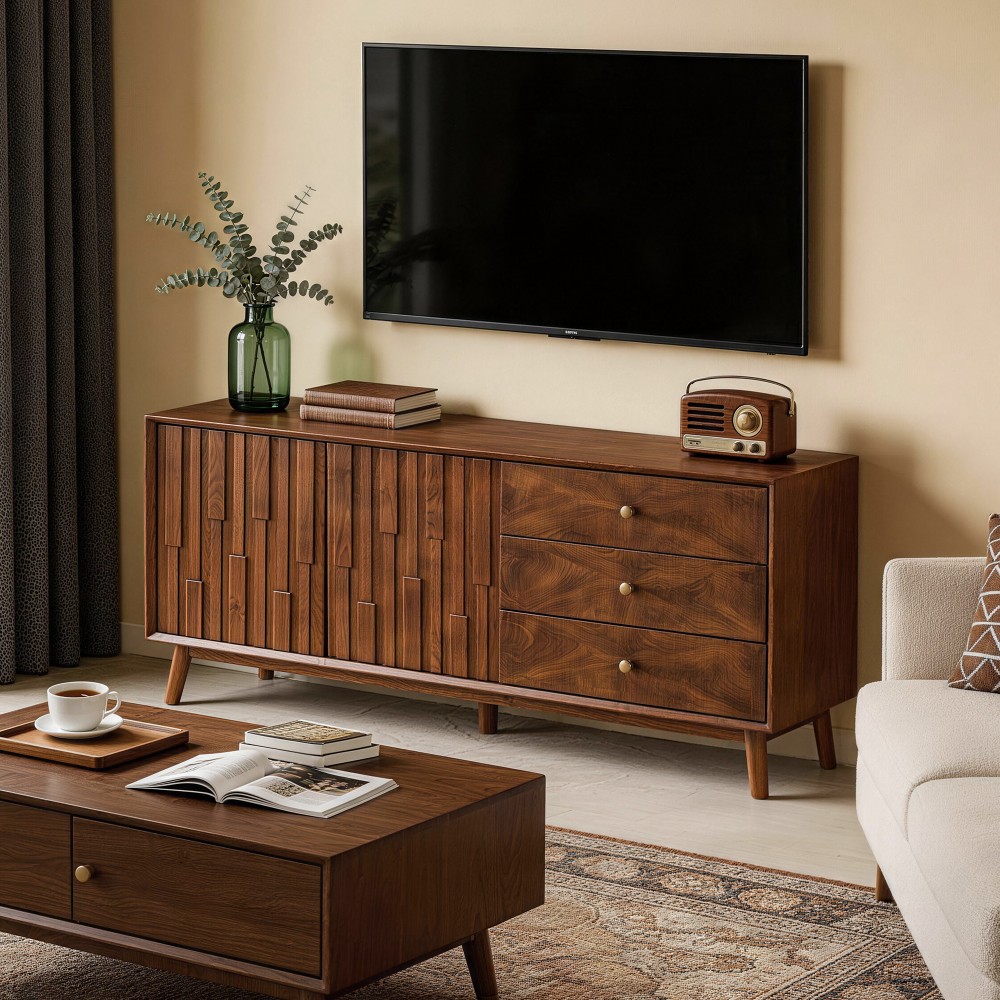 56 Inch Walnut Mid Century Modern TV Stand Solid Wood MDF Entertainment Center