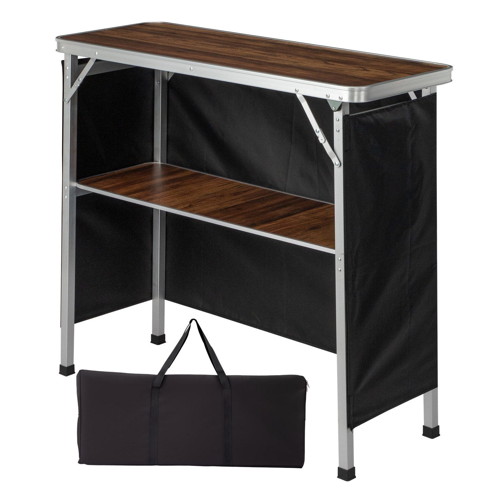 Portable Folding Bar Table with Shelf, Tradeshow Podium Table with Black Skirt