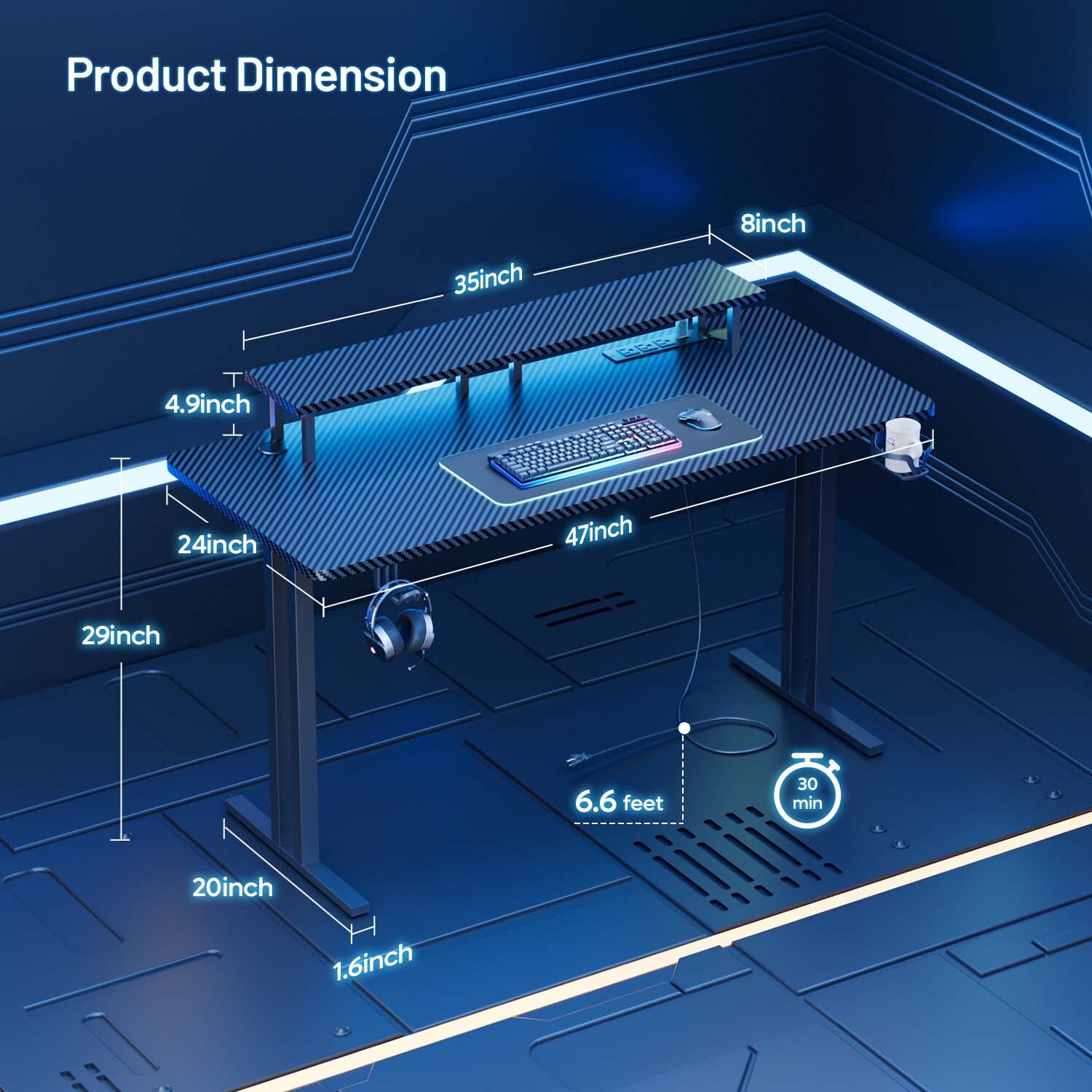 Gaming Desk with LED Lights & Power Outlet, Gamer Desk with Monitor Stand