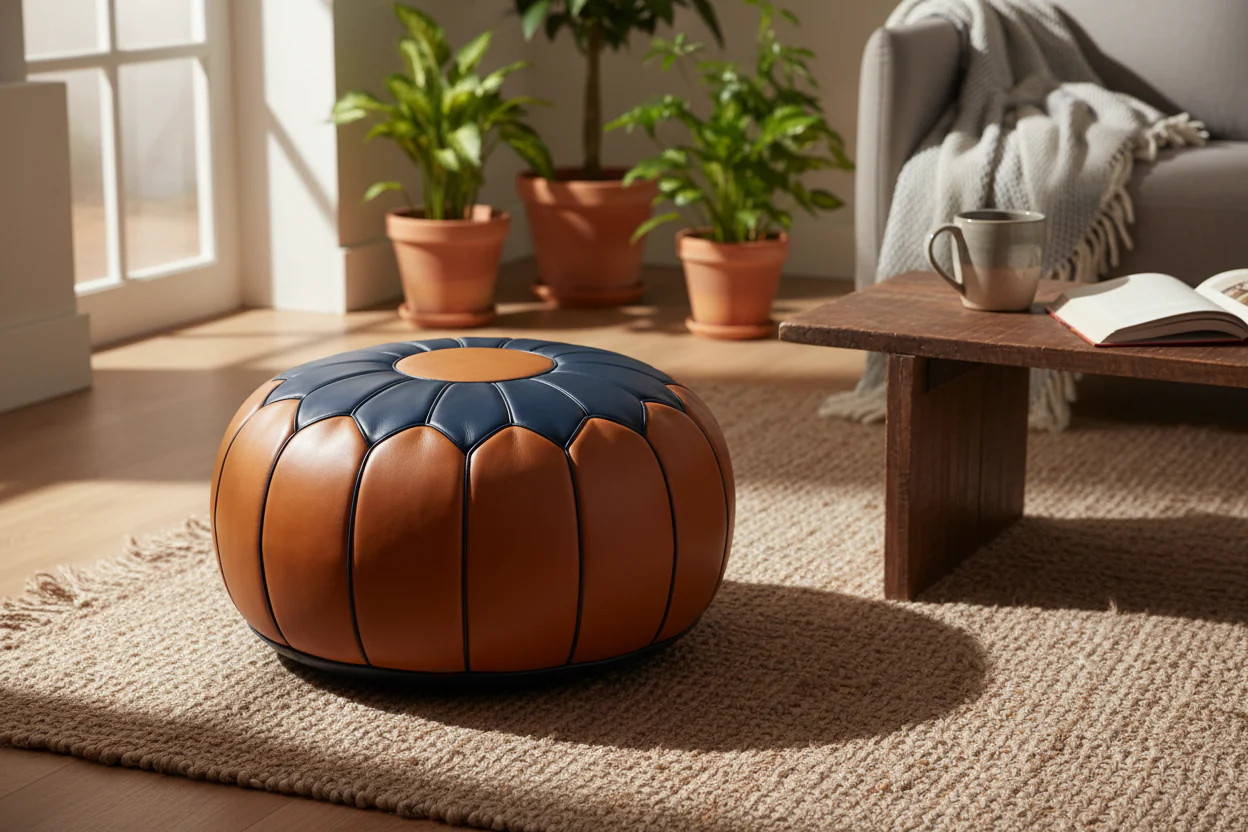 Moroccan Leather Pouf – Rope-Twist Border