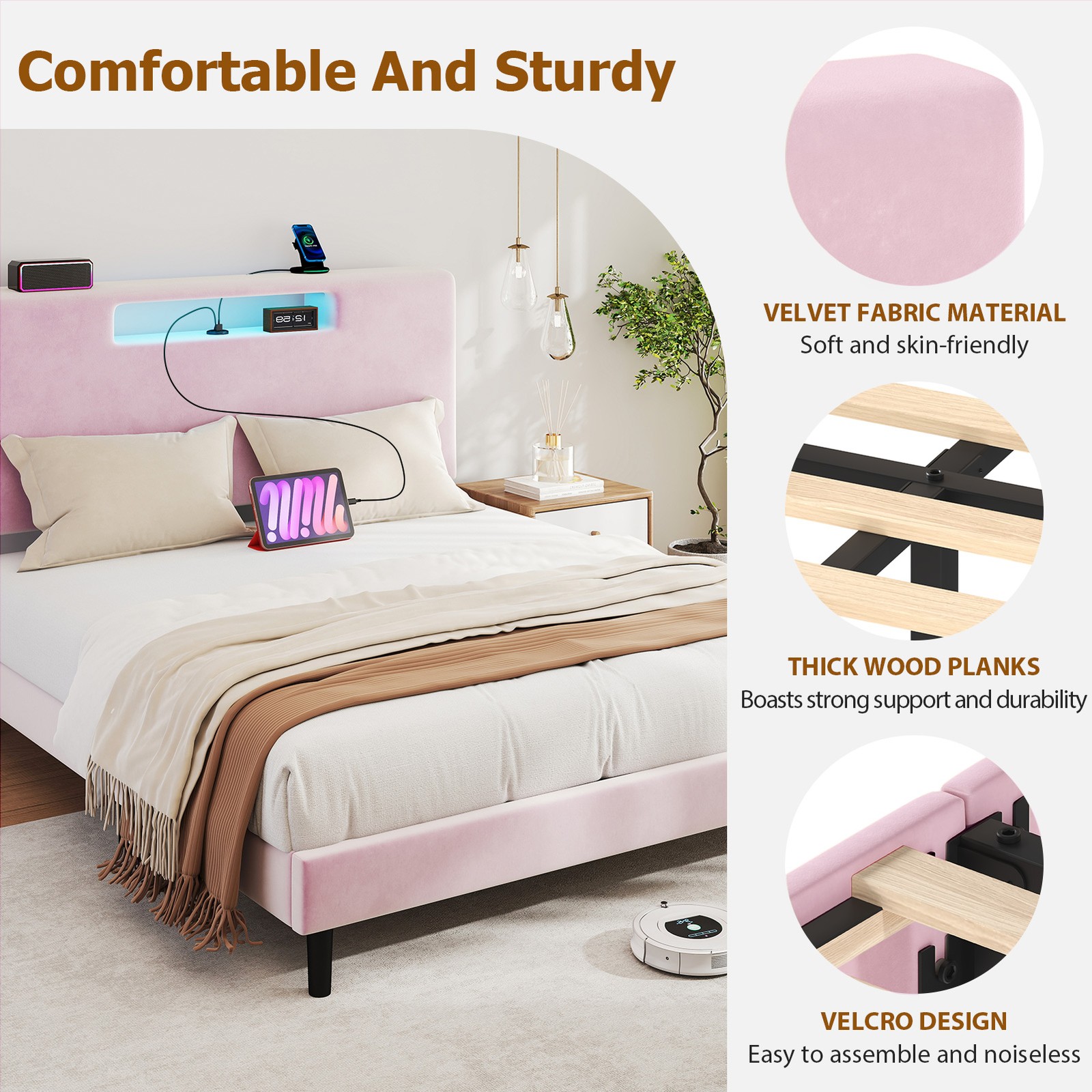 Queen Size Upholstered Bed Frame Flannel Sponge Headboard Built-in Charging Port