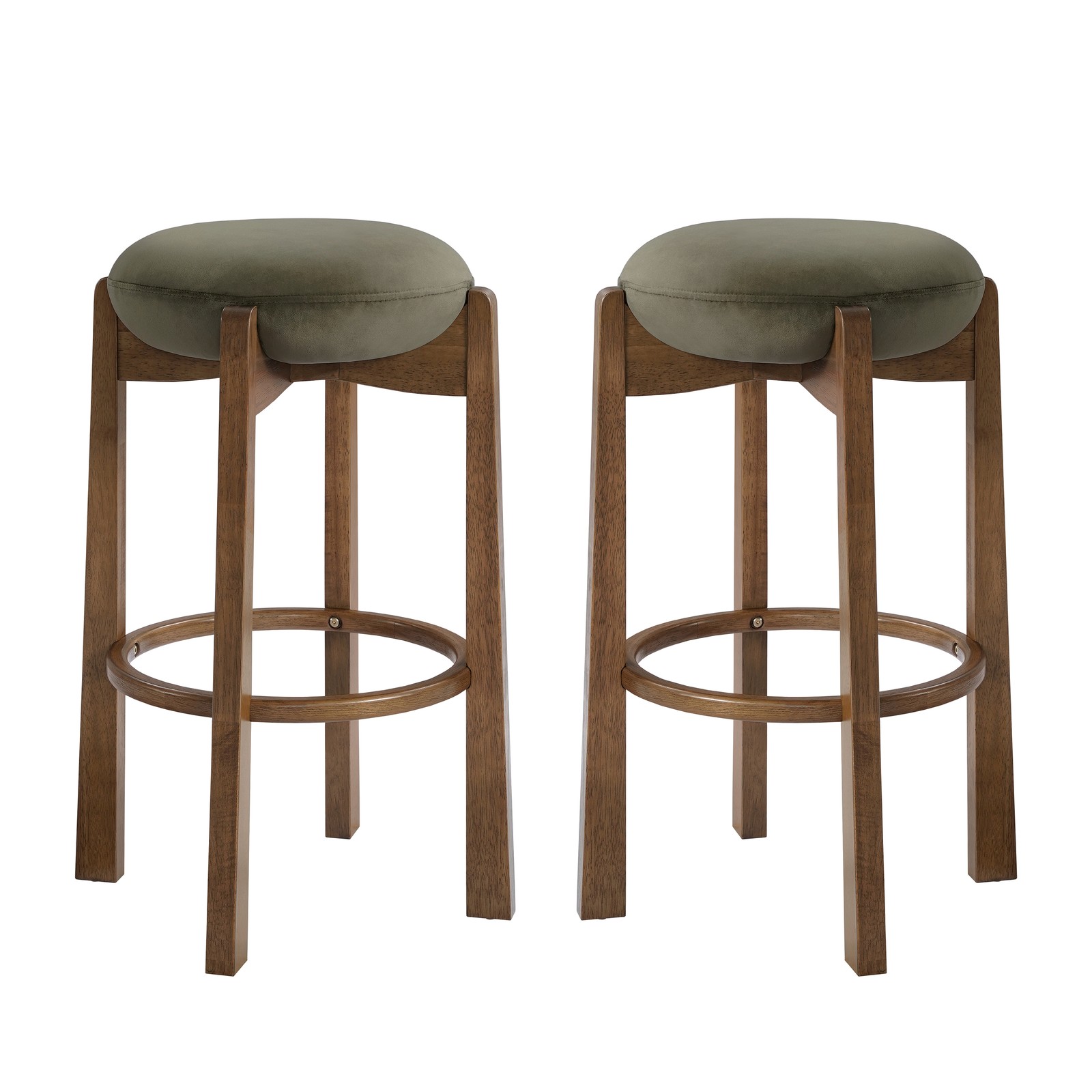 Contemporary Backless Bar Stool Rubber Wood Frame with Green Upholstery Set of 2