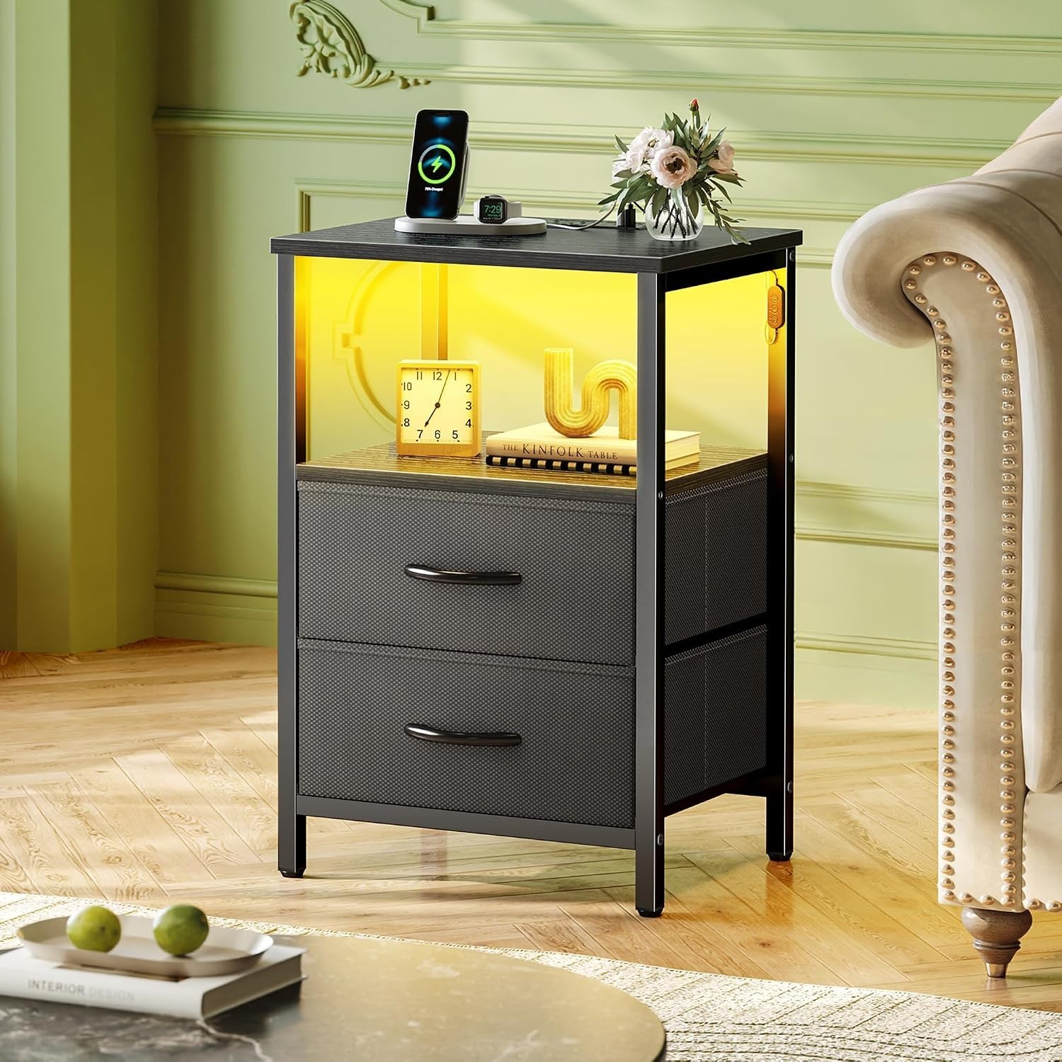 Sleek End Table, Built-in Power Station, RGB LED Lighting, Two Fabric Drawers