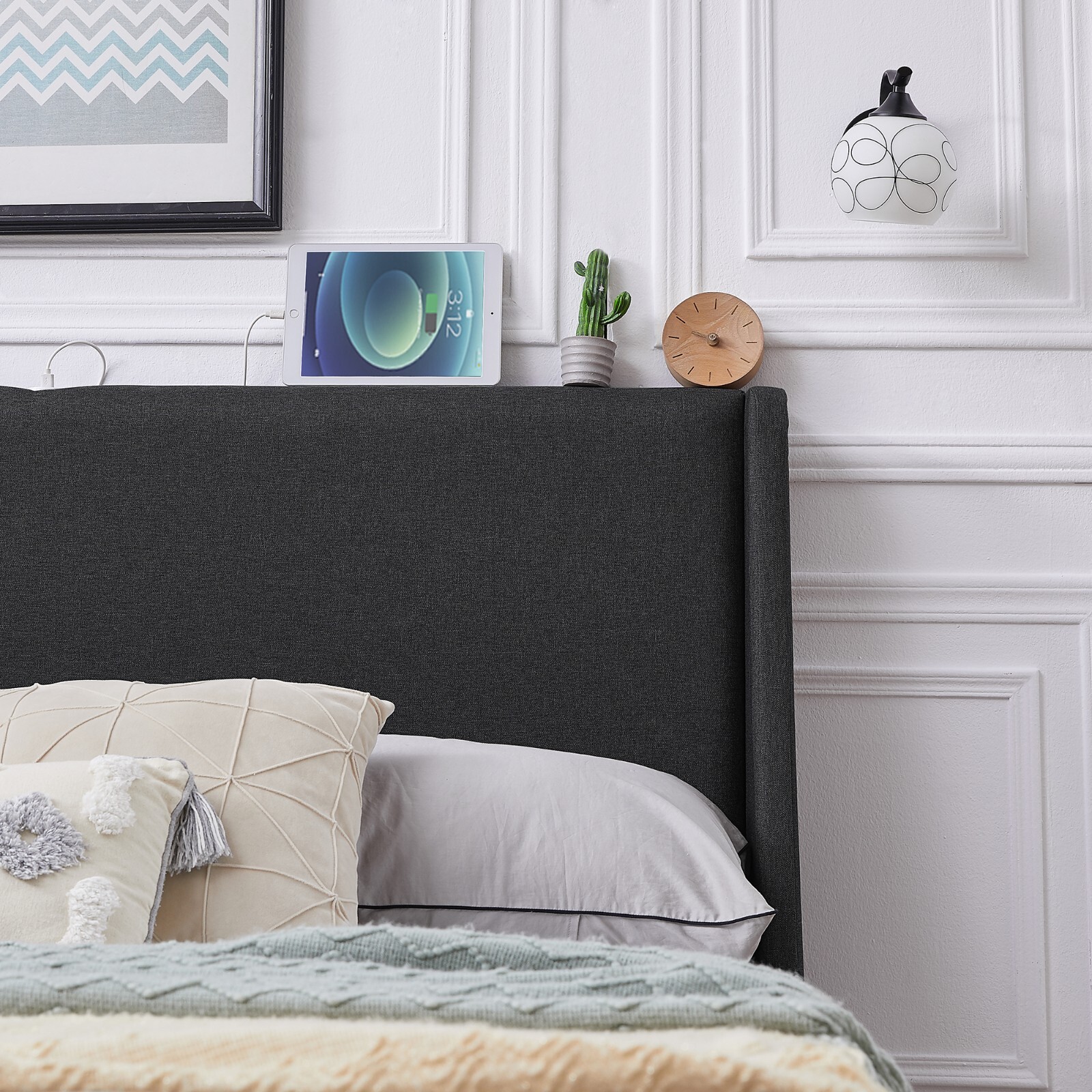 Upholstered Bed Frame w Built-In USB Ports Mattress Foundation w Wide Headboard
