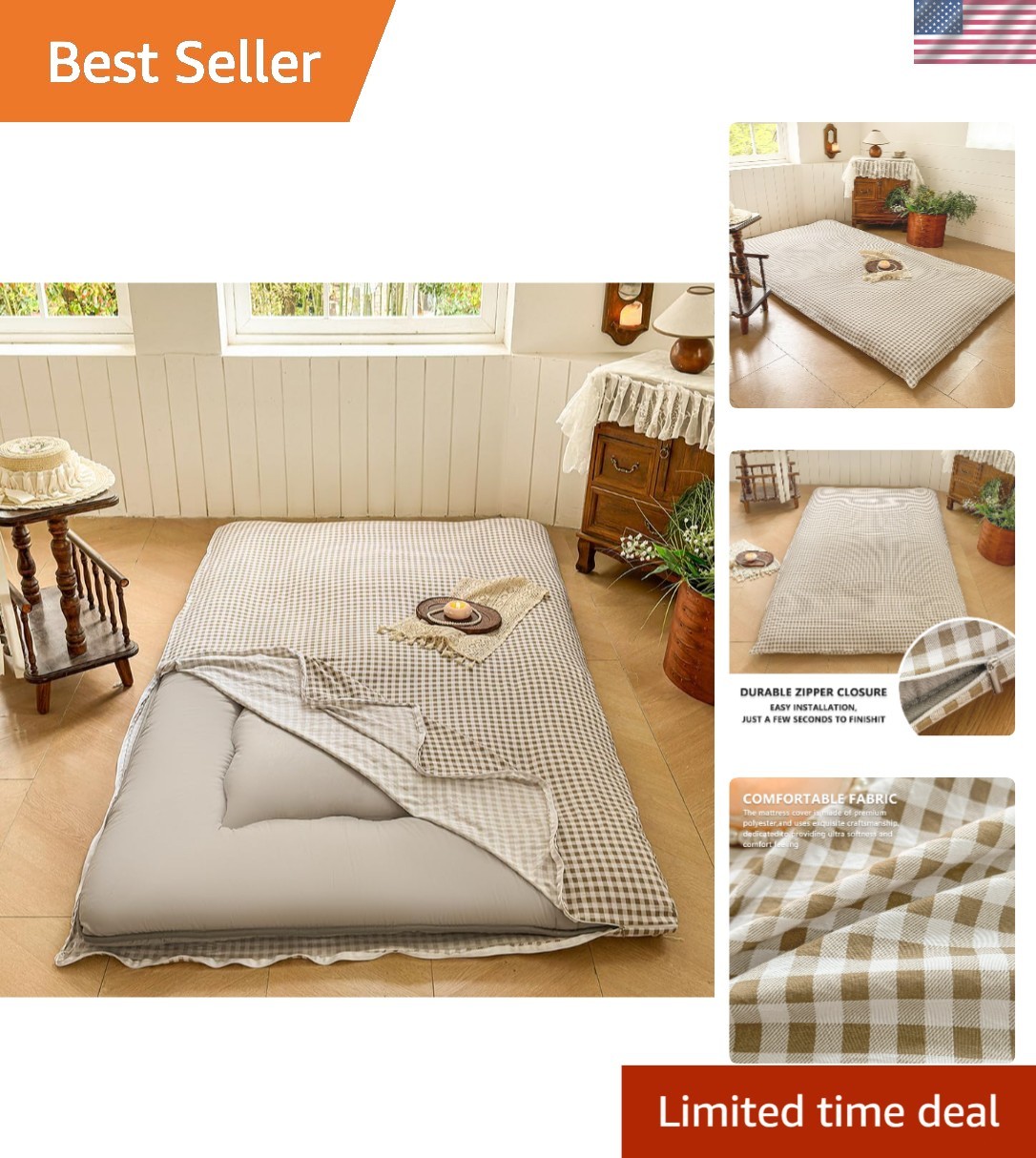 Floor Mattress Cover Gingham Checkered Futon Cover Guest Bed Japan Taupe Full
