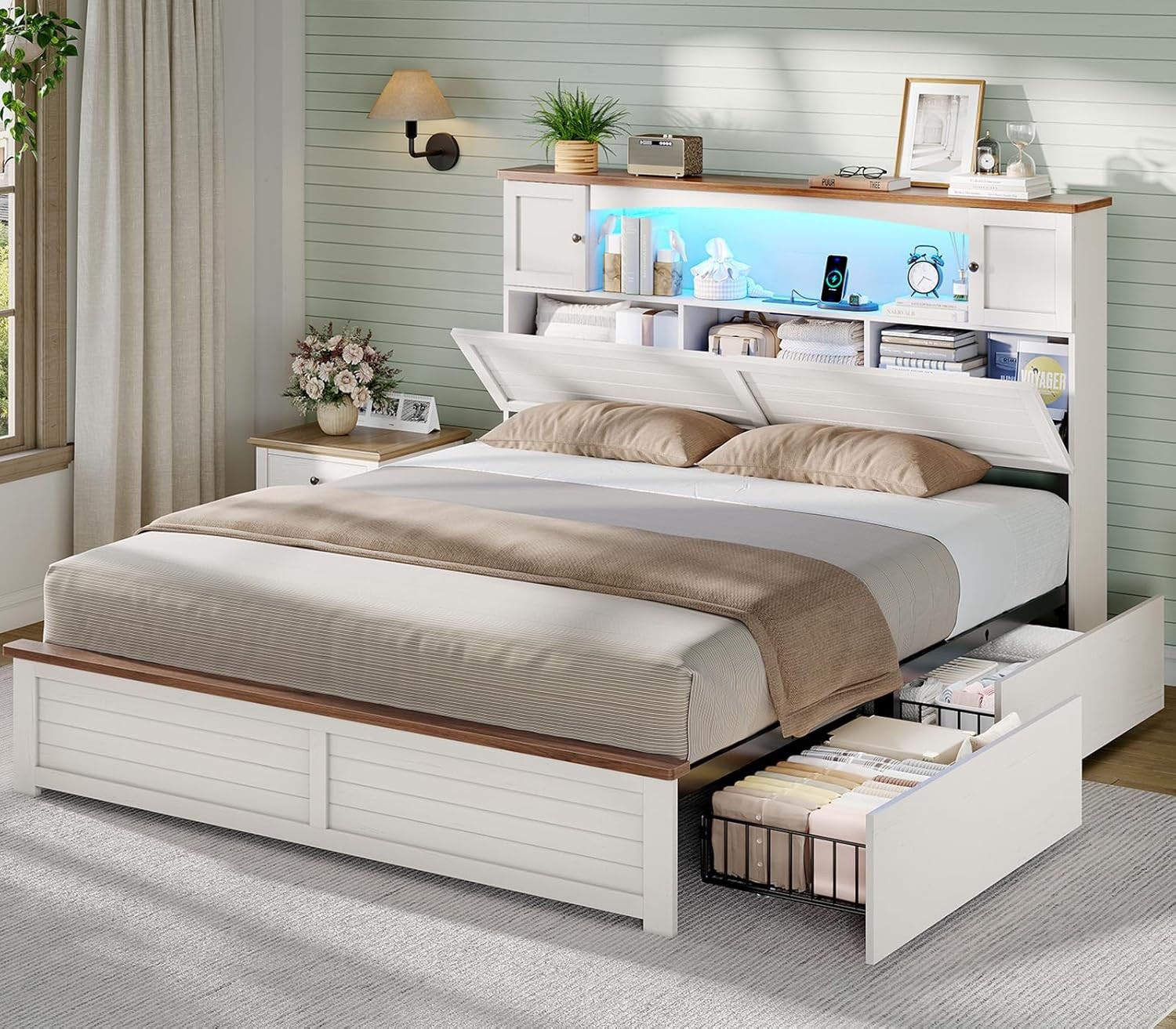 Farmhouse Bed Frame Full Size with Bookcase and Storage Cabinets Headboard, Wood