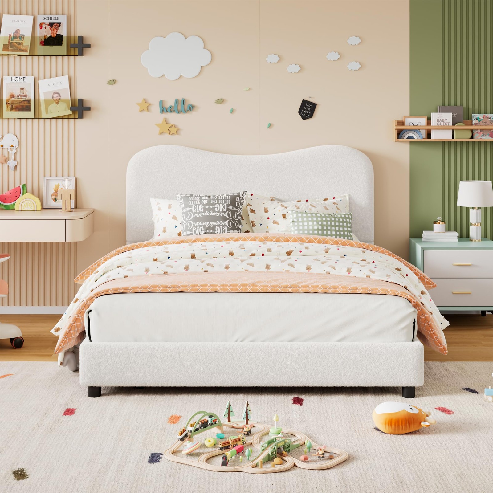 3 Sizes Platform Bed Frame with Velvet Upholstered Headboard for Kids Girls Boys