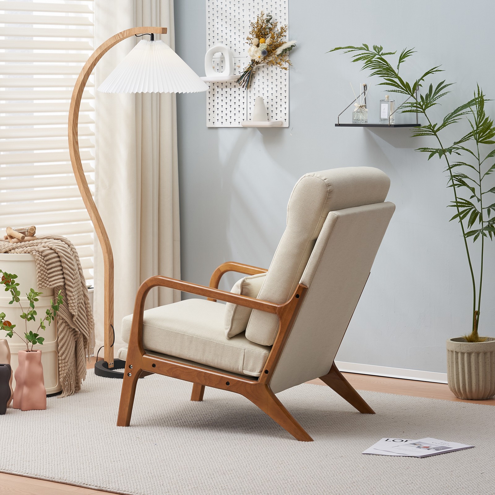 High Back Solid Wood Armrest Backrest Iron Frame Linen Indoor Leisure Chair Off