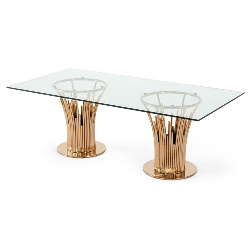 Pemberly Row 87″ Modern Glass & Steel Dining Table in Clear/Rose Gold
