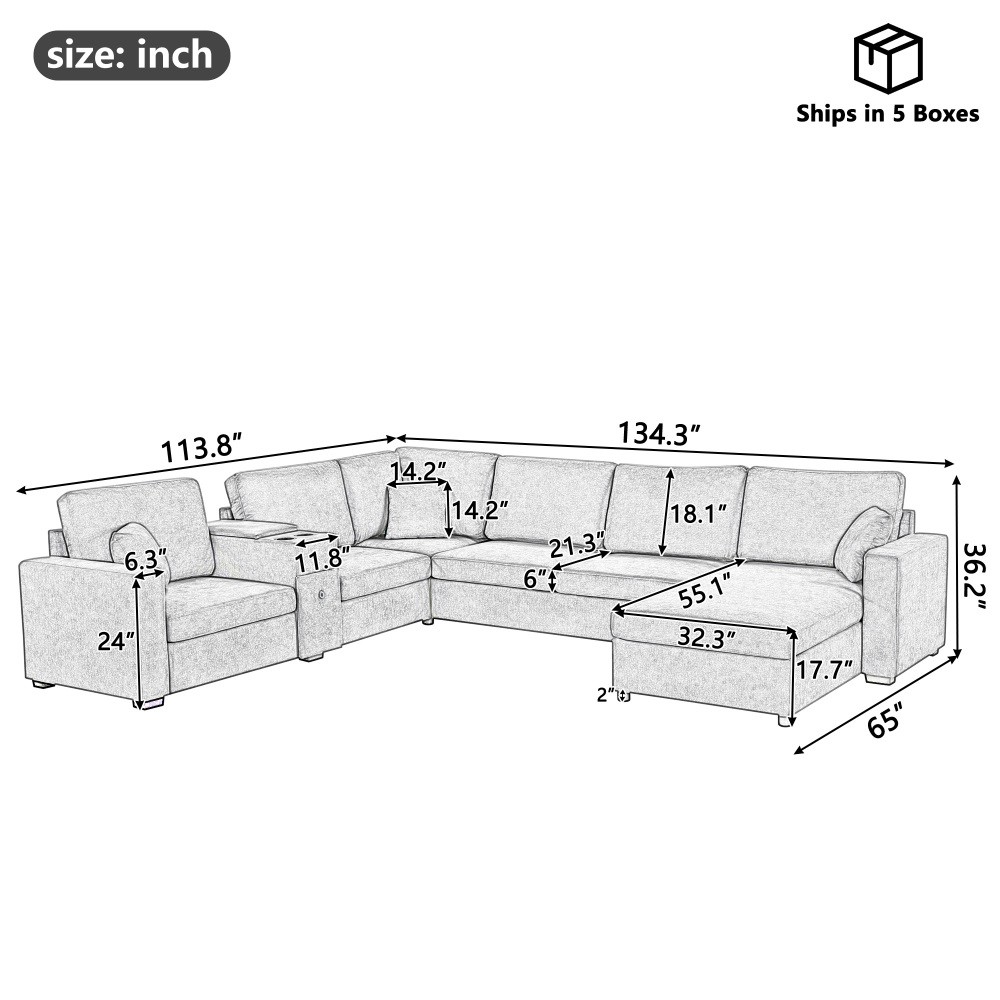 U-Shape Corner Sectional Sofa with Chaise, Cup Holders, Storage, 5-Seat, Black