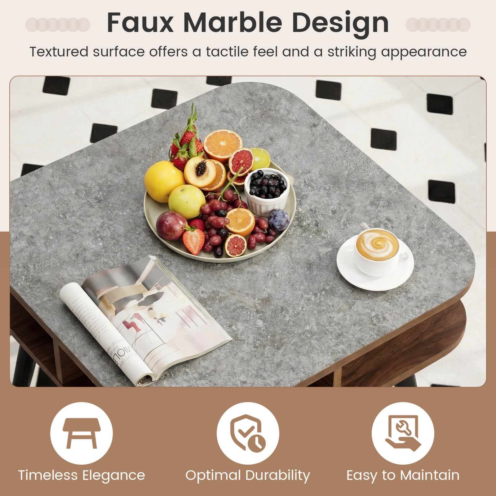 Faux Marble End Table with Storage Shelves & Rubber Wood Legs for Living Room