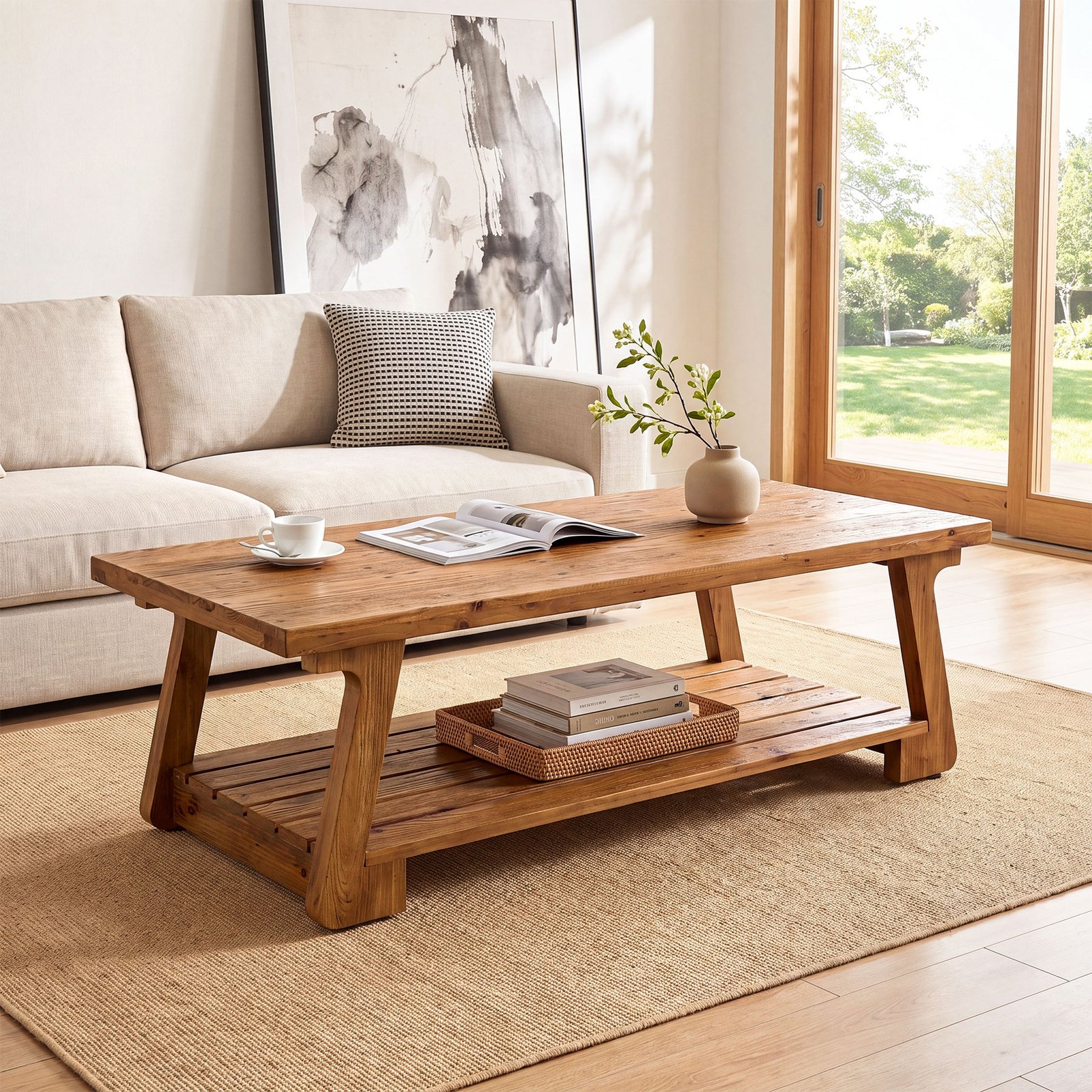 47″ Solid Wood Coffee Table,Rectangle Center Table with 2-Tier Storage&Metal Leg