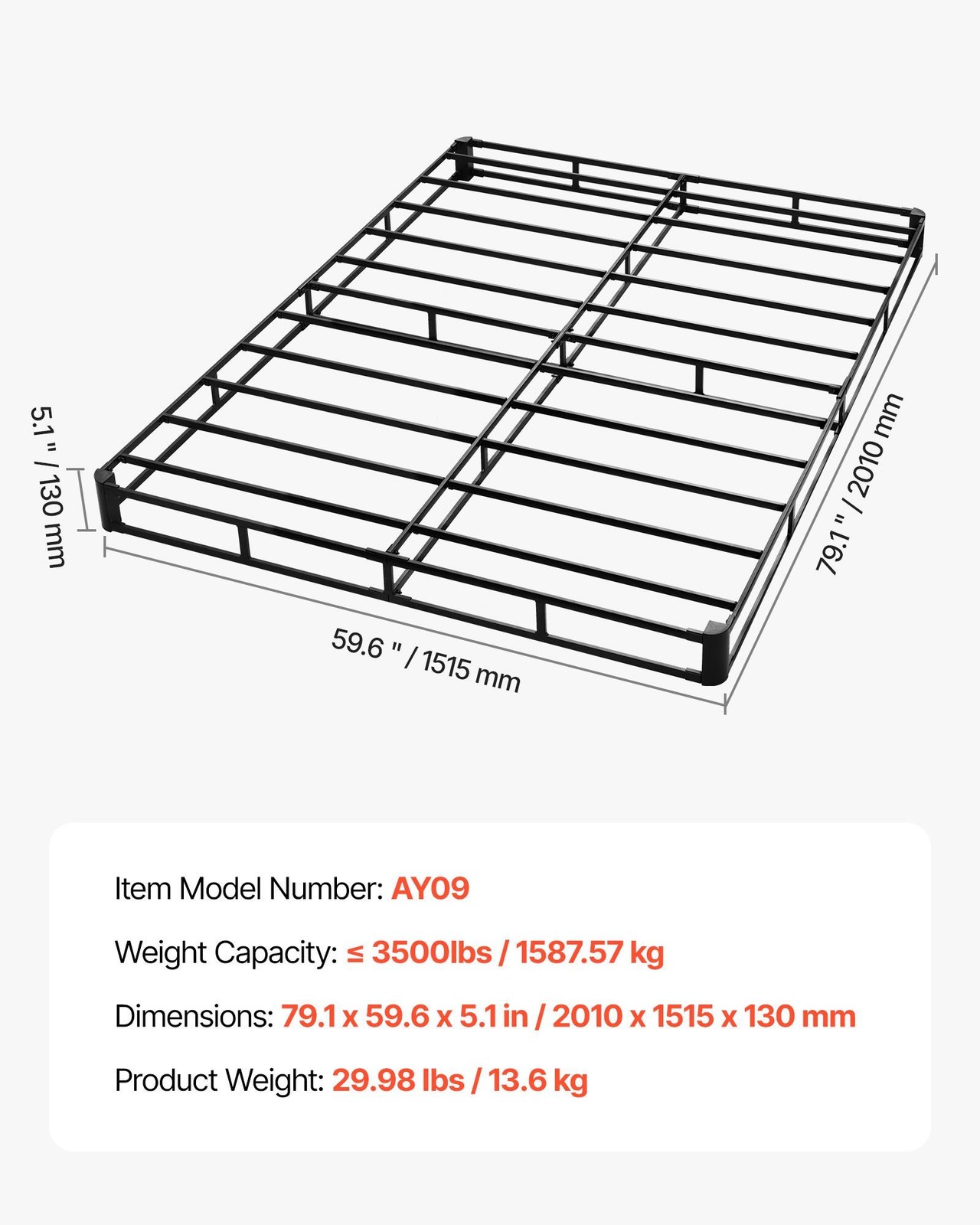 Queen Box Spring: 3500lb Steel Frame, 5.1in Height, Washable Fabric Cover