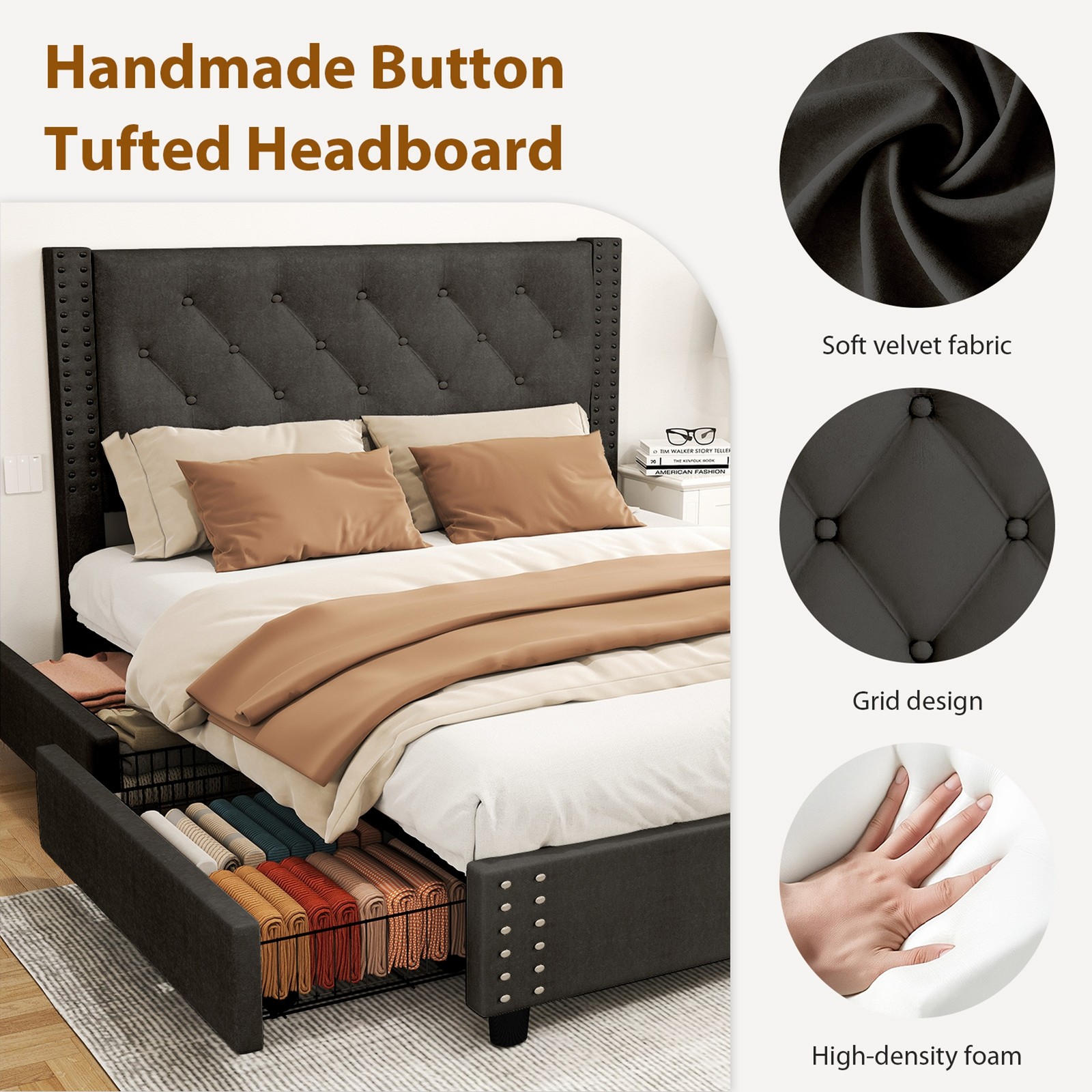 Full Size Bed Frame with Upholstered Velvet Headboard 4 Rolling Storage Drawers