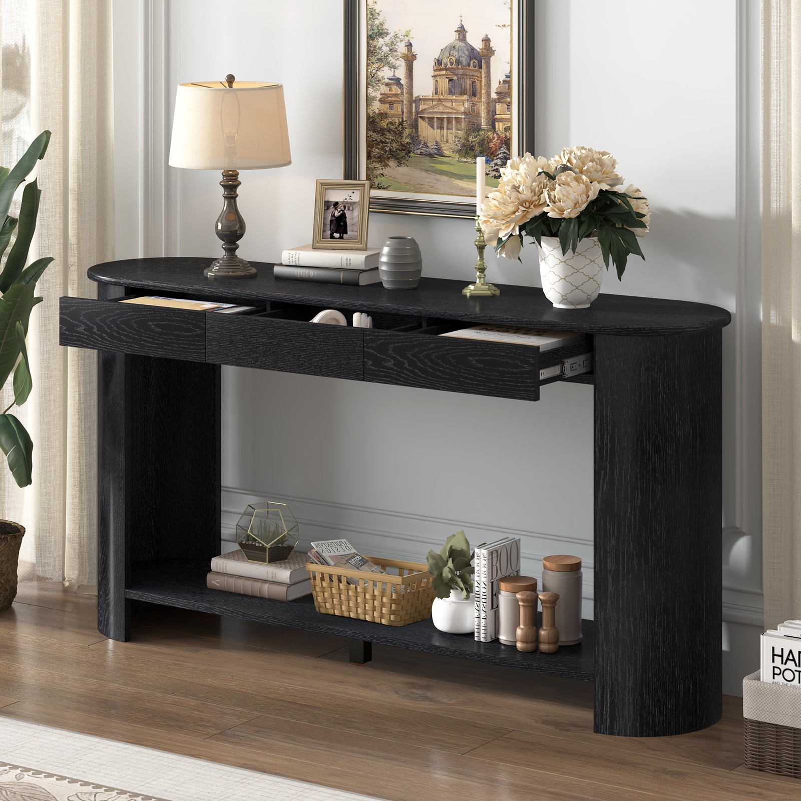 Modern Oak Veneer Console Table with 3 Drawers & Shelf, 59.8″ L