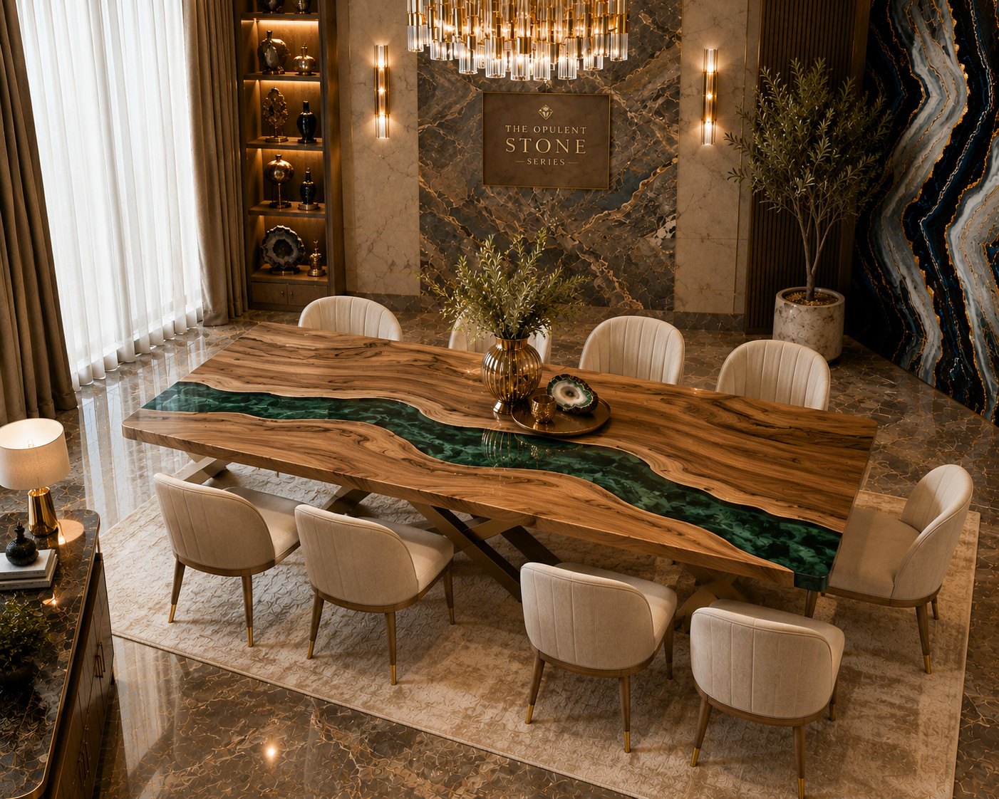 Live Edge Wood Green Epoxy River Dining Table Handmade Resin Table Handmade