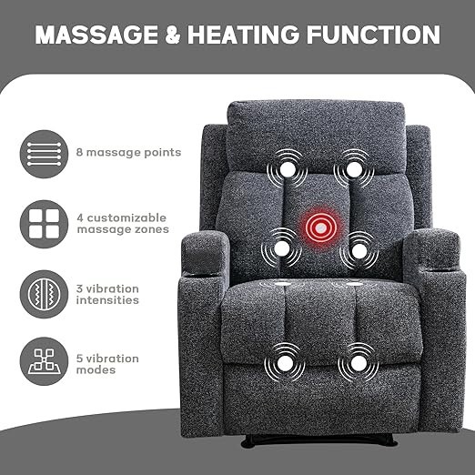 EBELLO Manual Recliner Chair w/ Massage & Heat Soft Fabric Home Theater Seating