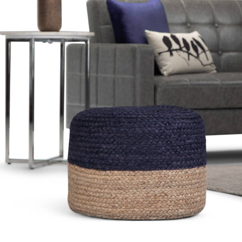 WyndenHall Maron Contemporary Round Pouf Navy/Natural: Bohemian Style,