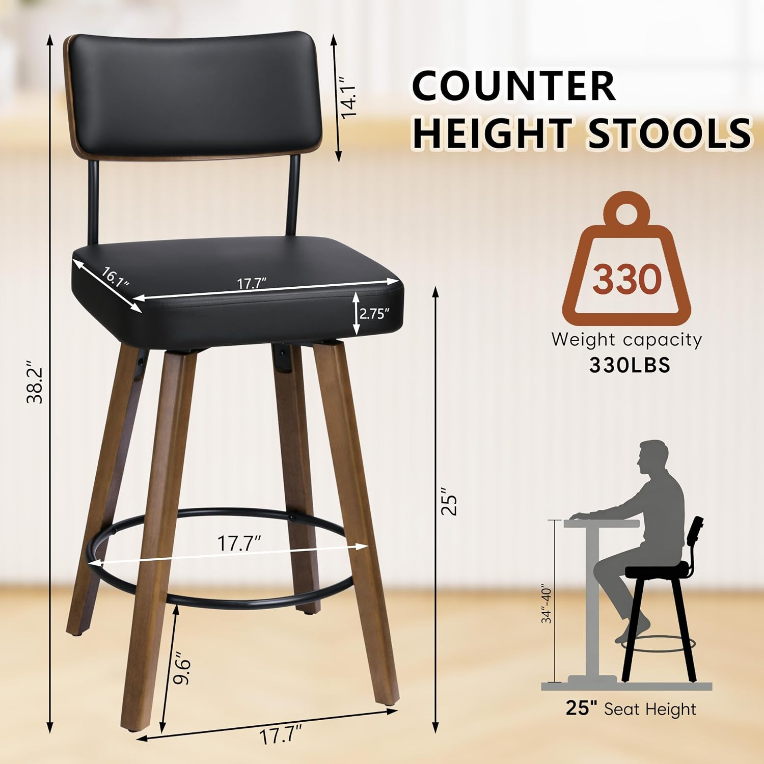 Modern 25″ Faux Leather Counter Height Bar Stools with Wooden Legs, Black