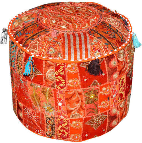 Handmade Bohemian Patchwork Orange Ottoman Pouf Cover Seating Foot Stool 22×22