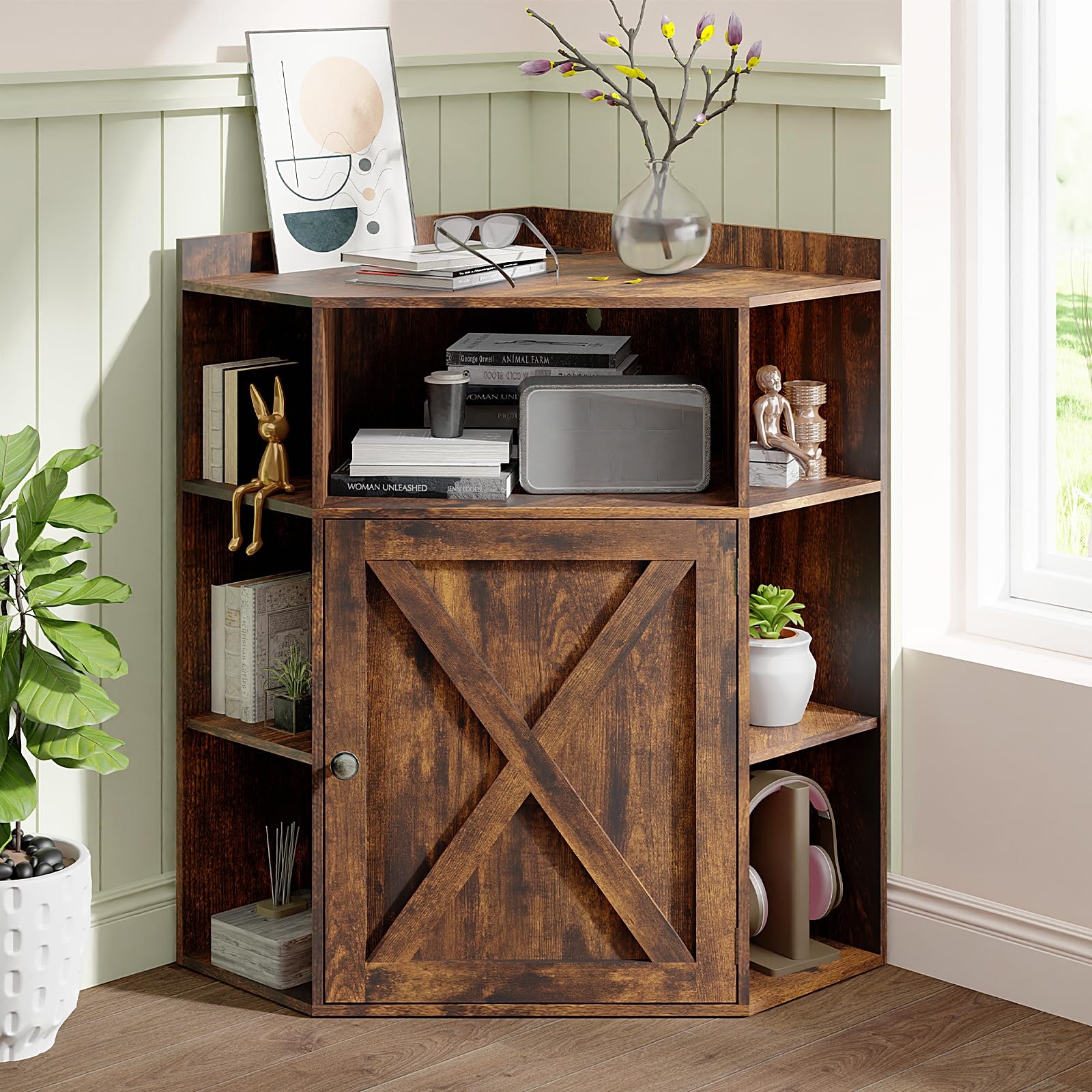Corner Cabinet w/USB Ports&Outlets,Small Space 6-Cubby Bookshelf for Living Room