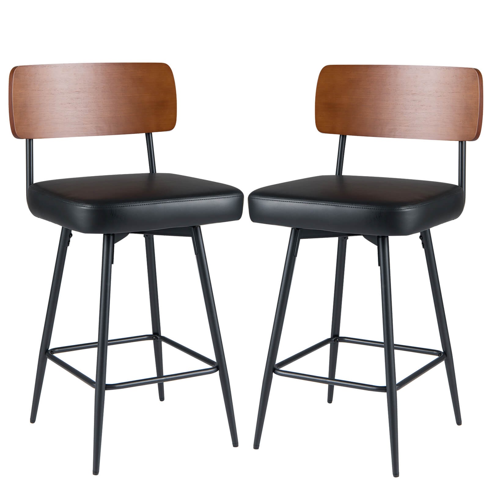 27” Padded Counter Barstools Set of 2 w/Wooden Backrest & Metal Legs, Footrest