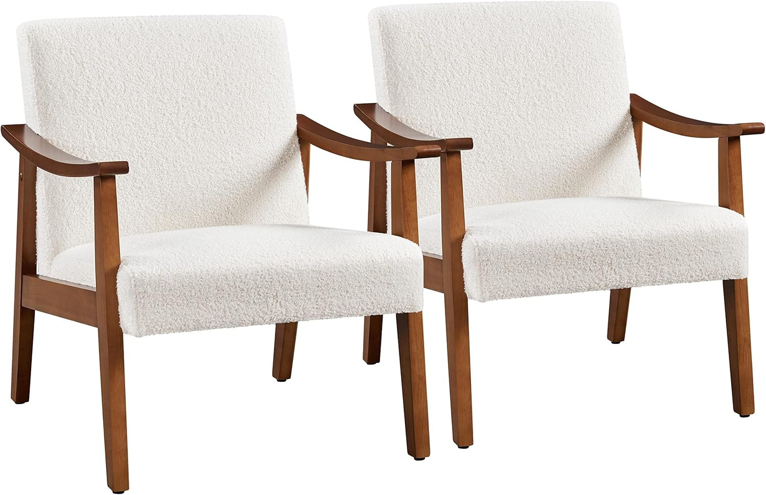 Set of 2 Mid-Century Modern Ivory Accent Chairs with Solid Wood Legs