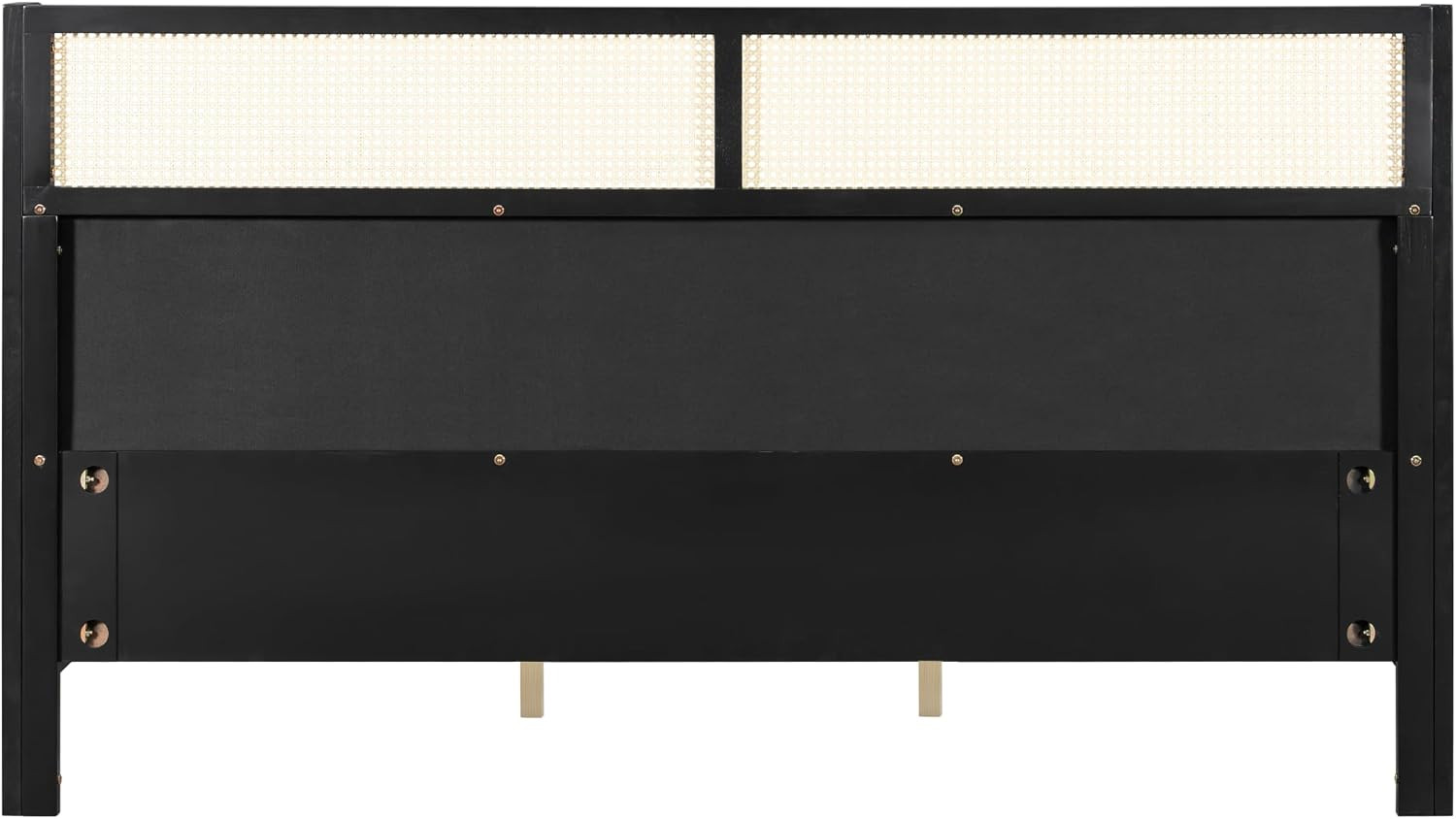 Modern Mid Century Solid Wood Platform Bed with Rattan Headboard, King Bed Frame