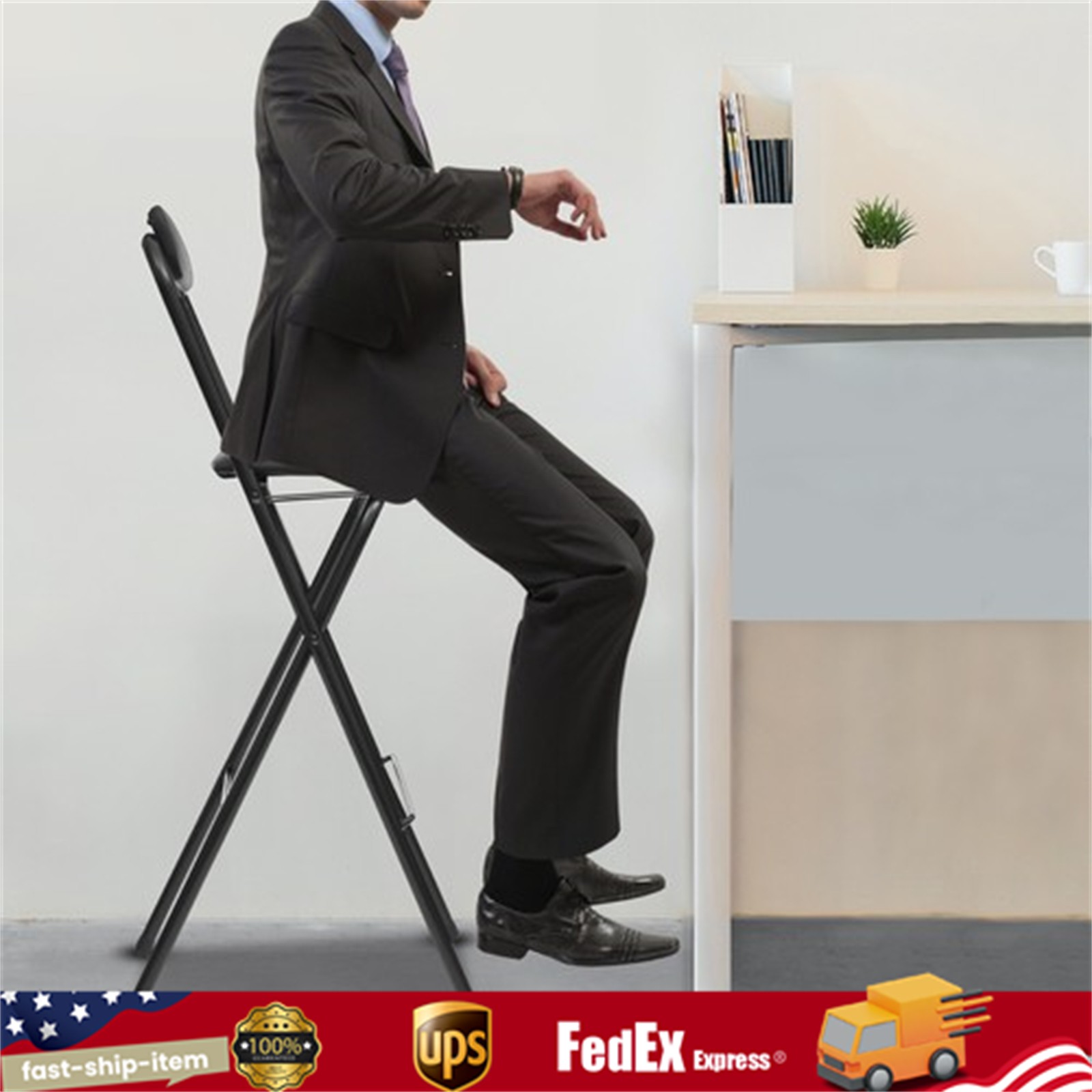 Portable Folding Bar Chair W/Backrest 27.5in Tall Foldable Bar Stool Steel Chair