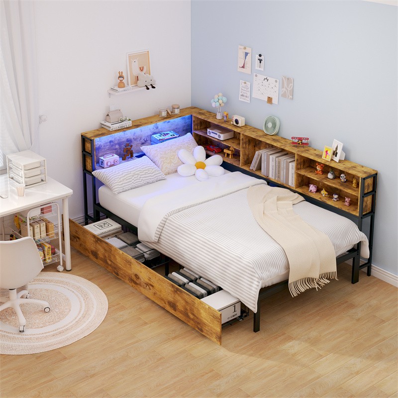 Full Size Corner Daybed with Bookcase Headboard,2 Storage Drawers & LED Light