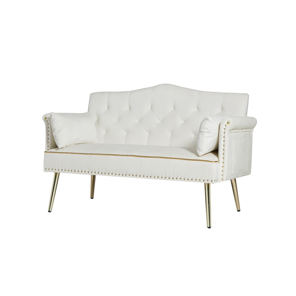 Tufted Velvet Loveseat Cream White, Small Sofa for Living Room Bedroom