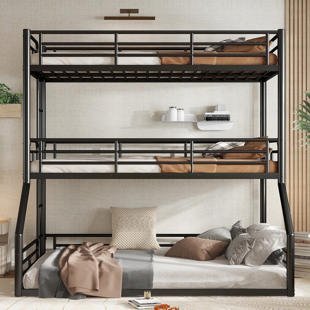 Twin over Twin over Full Bunk Bed, Metal Triple Bunk Bed with Safety Guardrails