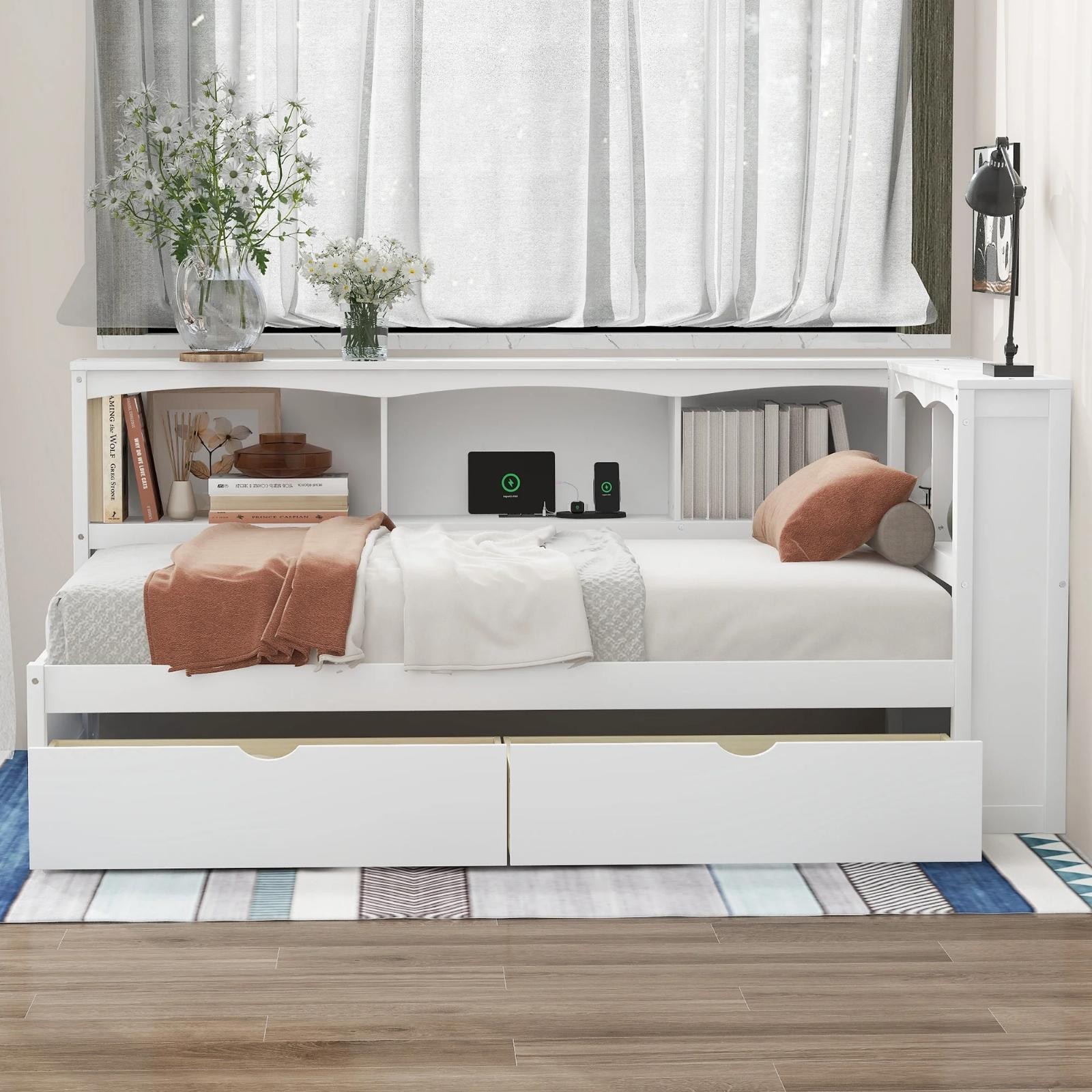 Modern Twin Daybed With Trundle 2 Storage Drawers USB Ports AC Outlet Shelving