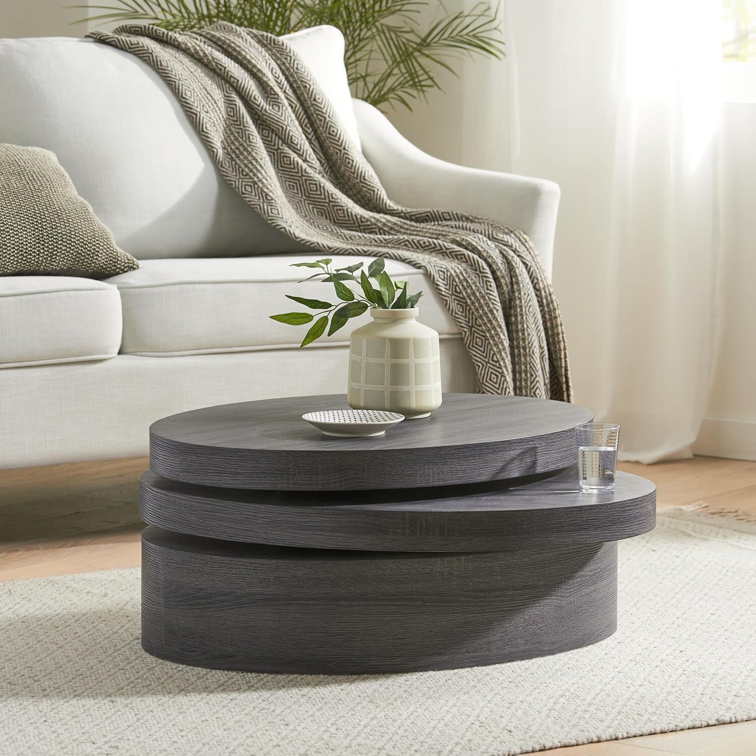 Modern Oval Rotating Coffee Table, 3-Tier Swivel Top with High Gloss Finish